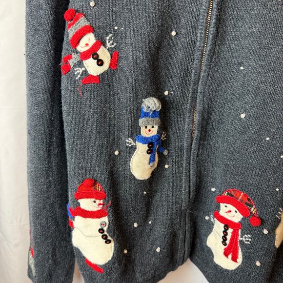 Crazy Horse Liz Claiborne Snowman Zip Cardigan Sweater Women’s L Xmas Winter - Picture 2 of 5